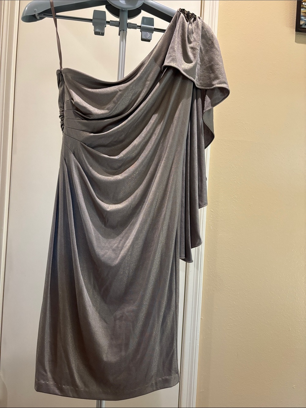 Cache One-Shoulder Shimmery Taupe Dress